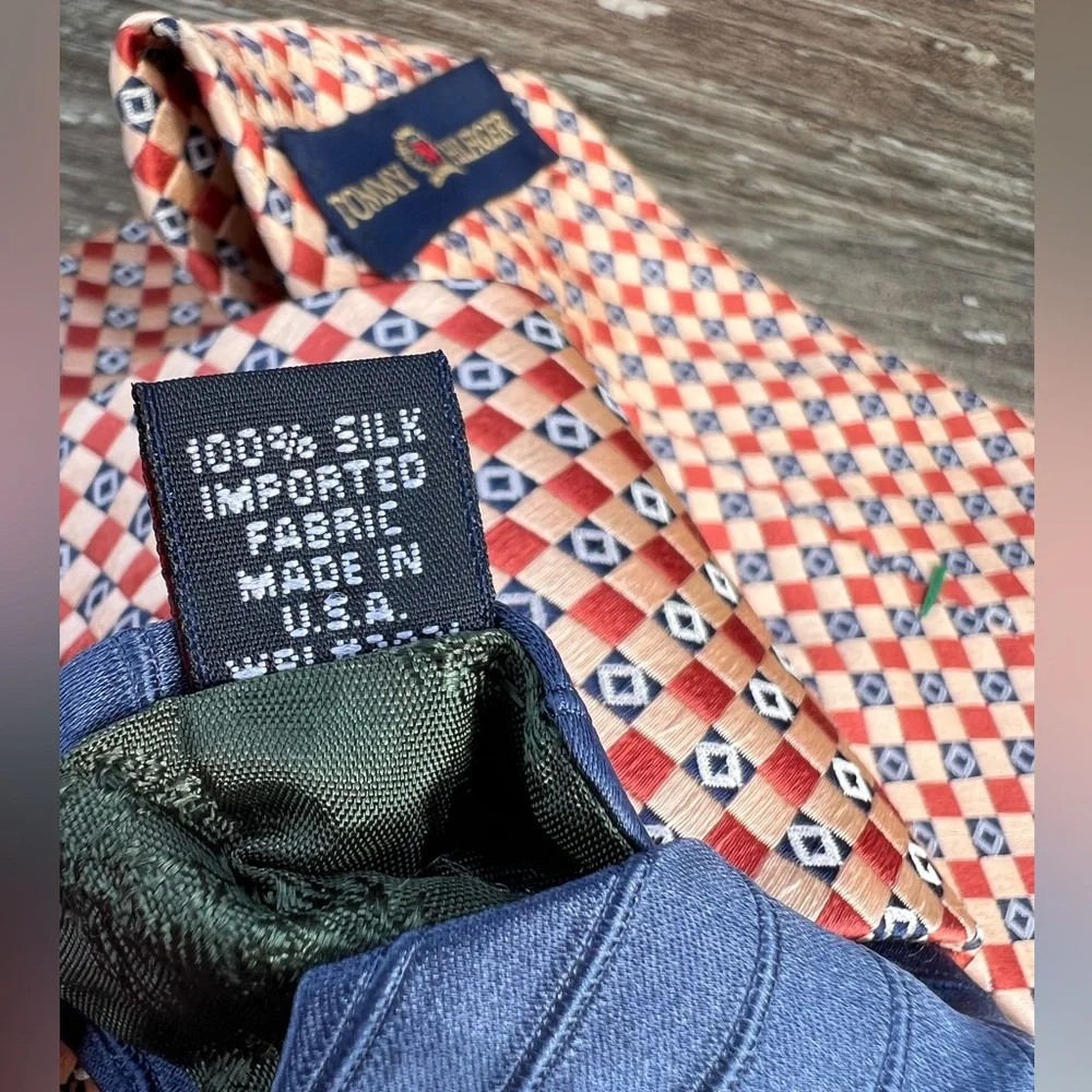 Tommy Hilfiger necktie vintage men’s tie peach blue squares‎ pattern print silk